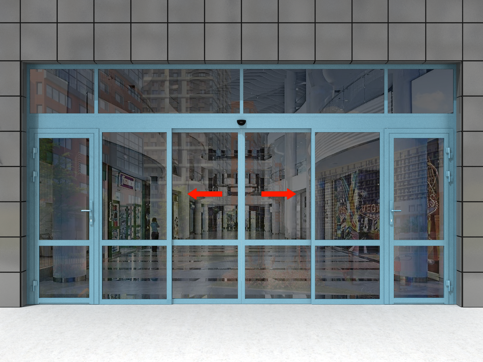 Двустворчатая дверь в конструкциях с фрамугой, двумя неподвижными и распашными створками.